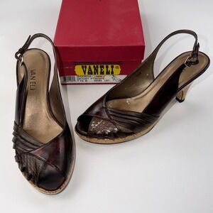 Vaneli Maximina Women's 7.5M Slingback Heels Open Toe Cork Wedge Brown Leather